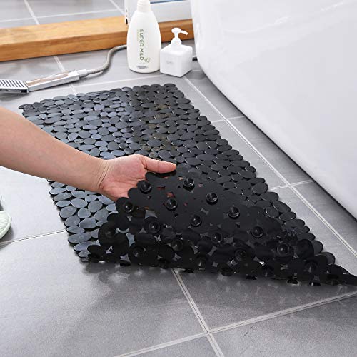WELTRXE Non Slip Bathtub Mat 35 x 16 Inches Pebbles Shower Mats with Suction Cups, Drain Holes for Bathroom Showers, Tub, Machine Washable Bathroom Mats BPA, Latex Free Safe Tub Mats - Black - color: Pebbles-black, size: 35" x 16" (Rectangular)