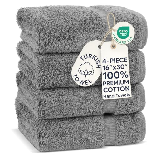 Chakir Turkish Linens 4 Piece Hand Towels, 100% Cotton Turkish Towels for Bathroom, Luxury Soft Absorbent Hand Towel Set, 16 x 30 Inches, Gray - color: Gray