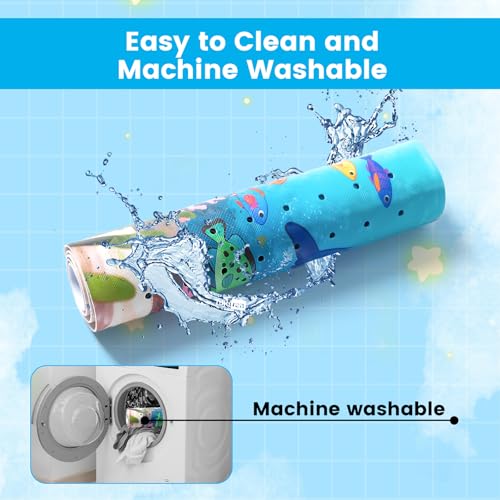 Bathtub Mat for kids Non slip, Dolphins swim happily in the sea (Blue) | 40"x16", Extra Long, Soft, Suction Cup for Strong Grip, Eco Friendly, Easy Clean, Machine Washable - color: Blue