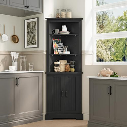 WelFurGeer Tall Corner Cabinet, Black, 68in, Open Shelves with Double Door Storage, Bathroom Linen Tower
