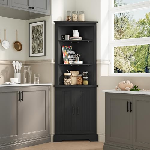 WelFurGeer Tall Corner Cabinet, Black, 68in, Open Shelves with Double Door Storage, Bathroom Linen Tower