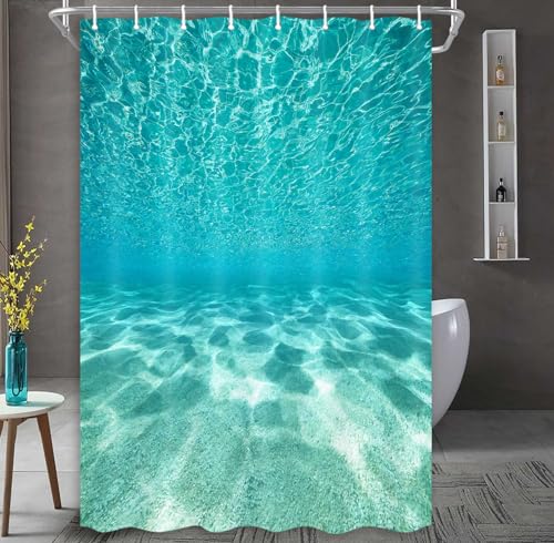 MERCHR Cute Teal Blue Ocean Shower Curtain, Nature Underwater Sea World Sand Beach Bathroom Curtains Waterproof Fabric, 47x 64 Inches - color: Teal, size: 47"W x 64"L (Pack of 1)