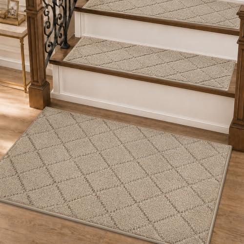COSY HOMEER Stair Landing Rug Non-Slip 20x32 Stair Treads for Wooden Steps | Washable Peel and Stick Stair Treads Matching Mats,Pet Friendly Soft Reusable Stair Landing Mat for Kids and Elders,Beige - color: Beige, size: 20 X 32 Inches (1 Piece)