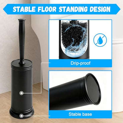 Plastic Toilet Brush and Holder Set for Bathroom and Toilet Cleaning, Black | Extra Long Handle; Splash Guard; Covered Holder; Hard Dense Bristles; Stable Base; - color: Black