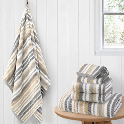 VOOVA & MOVAS Striped Towels 6 Pack, 100% Cotton, Gray Beige | All-Around Bathroom Use, Available in 13x13, 16x27, 28x52 In, Quick Dry, Soft, Absorbent, Bath Towels with Hanging Loops - color: Beige + Gray Striped, size: 6 PCS Bathroom Towels