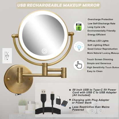 Lighted Wall Mounted Makeup Mirror with Magnification Antique Brass | Bathroom 1X/10X Magnifying, 8-Inch, 3 Color LED Touch Dimmable, Extendable Arm Vanity Shaving, Rechargeable Battery Operated - color: Antique Brass