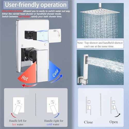 16 Inch Polished Chrome Ceiling Mount Shower System Bathroom Luxury Rain Mixer Shower Combo Set Ceiling Rainfall Shower Head System Faucet Contain Rough-in Valve and Trim Included - color: Polished Chrome, size: 16 Inch