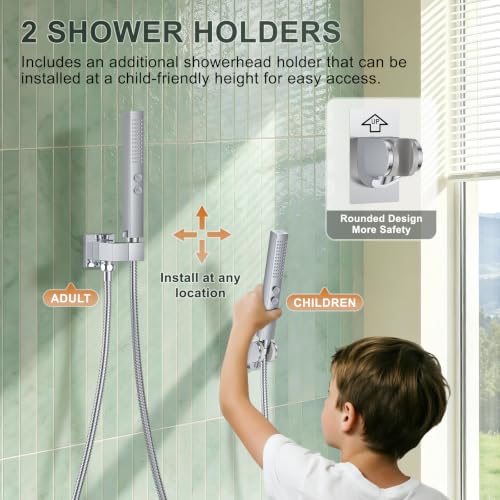 Rain Shower System with Rough-in Valve, Wall Mount Shower Faucet Set with 12" & 6" Dual Rain Shower Heads, 2-in-1 Handheld Shower, Tub Spout, 4-Function Complete Shower Fixture, Chrome - color: Chrome, size: Wall Mount-12"+6" head with Tub Spout & Handhel