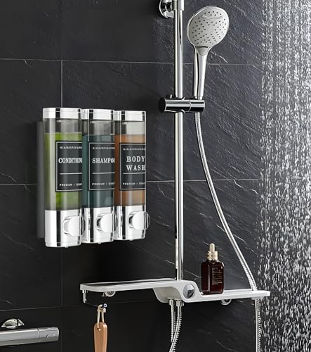 Shower Soap Dispenser Wall Mounted No Drill Shampoo Dispenser for Shower Wall Shampoo and Conditioner Dispenser Bathroom Hotel 3 * 300ml Chrome with Labels - color: Chrome
