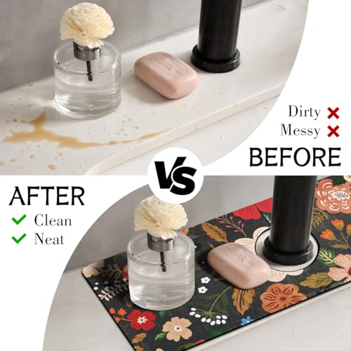 Boho Black Flowers Kitchen Sink Splash Guard Faucet Mat,Faucet Non-Slip Absorbent Mat,Farmhouse Sink Splash Guard Behind Faucet for Kitchen Bathroom, 15"x5.5" - color: Drying Faucet Mat 4