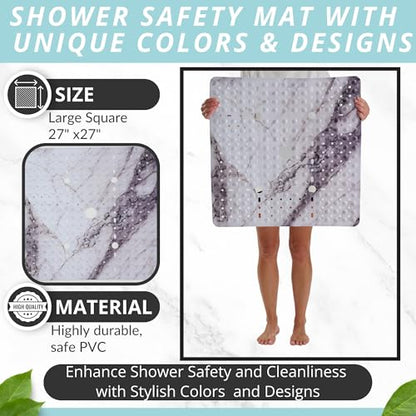 ENKOSI Square Shower Mat 27x27 inch - Anti Slip Shower Stall Floor Mat - Non Slip Shower Mats with Strong Secure Suction Cups and Drain Holes in Middle (27x27 Marble Grey) - color: Marble Gray