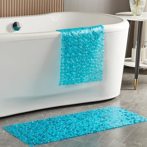 Webos Bath Shower Mat Non Slip: Extra Large Pebble Bathtub mat for Families, Anti Slip Shower Matt with Drain Holes Suction Cups Tub Mat - 16 X 40 Inch Clear Green - color: Pebble Clear Green