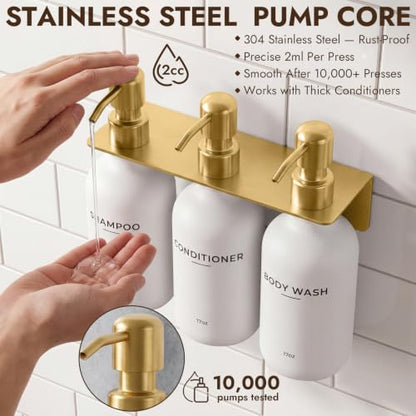 Shampoo and Conditioner Dispenser Set with Soap Dish & Towel Hook, Gold