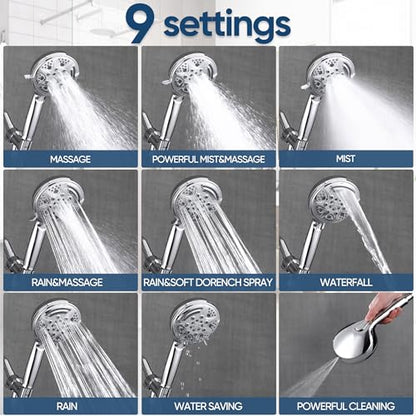 KINSE High Pressure Shower Head with Hose,9-Mode Handheld Shower Head, 5" Shower Head with 71" Extra Long Shower Hose & Adjustable Bracket,Built-In Power Wash to Clean Tub, Tile & Pets