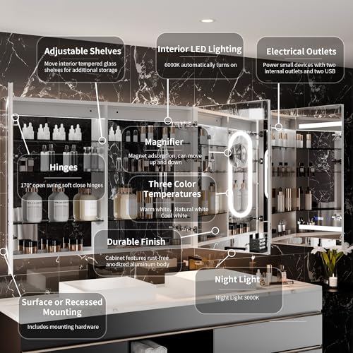 Luxury 66" Wall-Mounted LED Bathroom Medicine Cabinet, Outlets, Anti-Fog | Surface-Mount/Recessed, Double-Sided Mirror Cabinet, 3 Color Temp, DTC Silent-Close Hinges, Adjustable Tempered Glass Shelfs - size: 66"W x 36"H