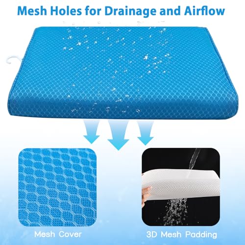 AEROiVi Shower Seat Cushion Non-Slip Silicone Bottom 3D Mesh Washable Blue | Soft Shower Chair Cushion for Benches Quick Drying Washable Mat 3D Mesh Pad with Hook Design Elderly Handicap Disabled - size: Blue
