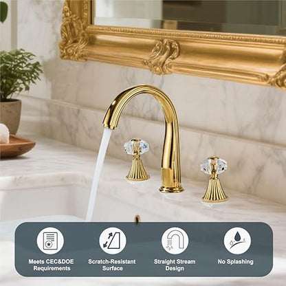 Gold Crystal 3 Hole Sink Vanity 8 Inch Brass 2 Handles 2 Tone Widespread Modern Unique Bathroom Faucets Sets, Antique Lavabo Faucet, Vintage Lavatory Vessel Luxury Mixer Tap with Pop up Drain - style: Vintage