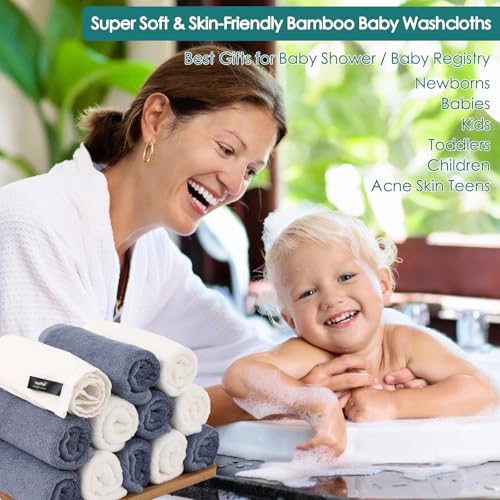 Baby Washcloths 12 Pack,Super Soft Face Towels,10''x10'',White+Slate Blue | 100% Viscose,Gently Wash Face and Body,Skin Friendly,Easy Rinsed,Hanging Loop,Quick Dry,Newborn Kid Toddler Bath Shower Gift - color: White & Slate Blue, size: 10x10 inch-12 Pack