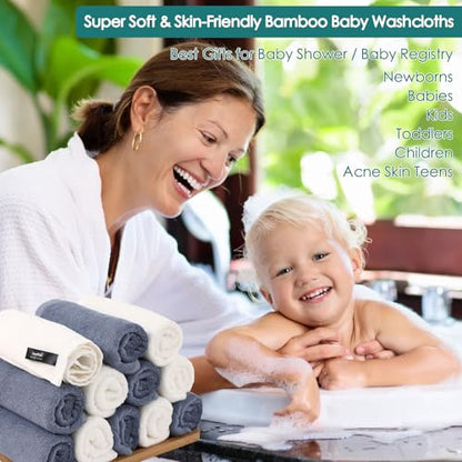 Baby Washcloths 12 Pack,Super Soft Face Towels,10''x10'',White+Slate Blue | 100% Viscose,Gently Wash Face and Body,Skin Friendly,Easy Rinsed,Hanging Loop,Quick Dry,Newborn Kid Toddler Bath Shower Gift - color: White & Slate Blue, size: 10x10 inch-12 Pack