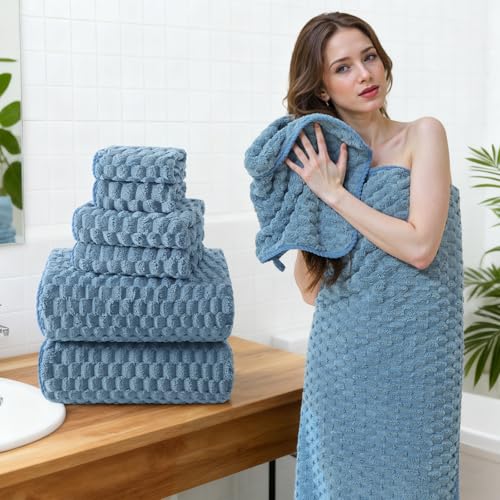 REDKISS Blue Microfiber Towels Set 6 Pack - 35x70 Inches Oversized Bath Sheets, Extra Large Bath Towels, Super Soft Quick Dry Lint Free Absorbent Waffle Microfiber Shower Towels - color: Blue 06, size: 6 Pack Large Towel Set