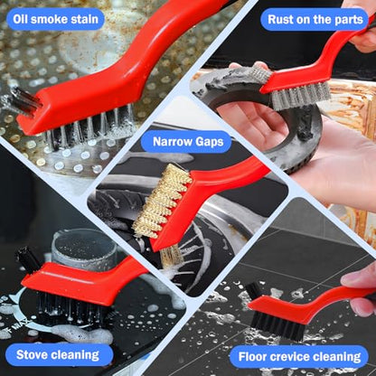 Wire Brush Set, 6 Pcs Brass/Stainless Steel/Nylon Wire Brushes | Red, 7" Total Length for Tight Spaces, For Cleaning with Curved Handle Grip for Rust Removal, Dirt, Paint Scrubbing - style: Red-6pcs