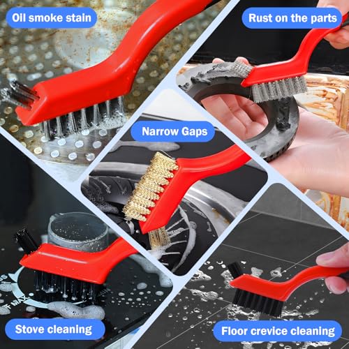Wire Brush Set, 3 Pcs Stainless Steel/Brass/Nylon Wire Brushes | Red, 7" Total Length for Tight Spaces, For Cleaning with Curved Handle Grip for Rust Removal, Dirt, Paint Scrubbing - style: Red-3pcs