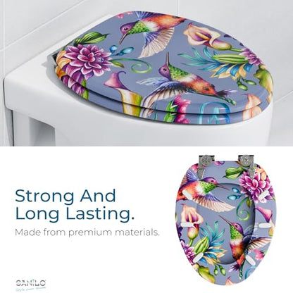 SANILO Wooden Toilet Seat with Soft Close [ELONGATED] - Decorative, Quiet & Slow Close Molded Wood Seat - With Strong Bumpers & Hinges - Adjustable Fit - Hummingbird - color: Hummingbird