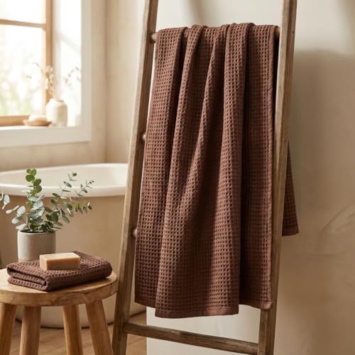 Bamboo Viscose Waffle Bath Towels - Pack of 2 - Brown - 250 GSM – 100% Viscose Derived from Bamboo - Quick-Dry Waffle Weave - Spa & Gym Ready - Oeko-TEX Certified – Absorbent - Breathable - color: Brown