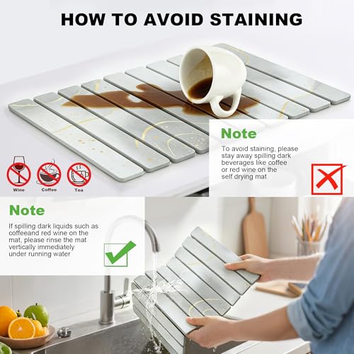 Stone Drying Mat for Kitchen Counter, Quick Diatomaceous Earth Mats for Dishes, 24"L x 16" W Super Absorbent Fast-Drying Collapsible Countertop Stone Mat (Marble White Yellow, 24" x 16") - color: Marble White Yellow
