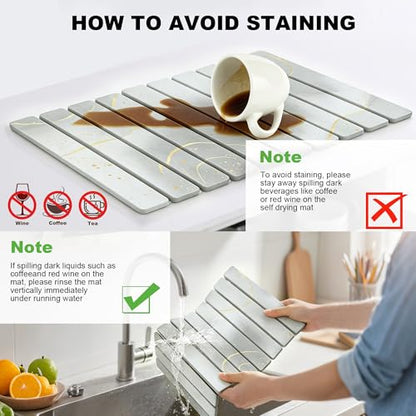 Stone Drying Mat for Kitchen Counter, Quick Diatomaceous Earth Mats for Dishes, 24"L x 16" W Super Absorbent Fast-Drying Collapsible Countertop Stone Mat (Marble White Yellow, 24" x 16") - color: Marble White Yellow