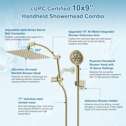 Hibbent Metal 10" High Pressure Rain Shower Head Combo, Polished Brass | cUPC Certified Rainfall Shower Head with handheld 10 Sprays, 16'' Adjustable Extension Arm, 71'' Hose, Showerhead Holder - color: Polished Brass, style: Square 10''