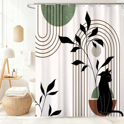 Mid Century Modern Shower Curtain, Minimalist Boho Chic Cat with Leaves Shower Curtains for Bathroom, Sage Green Black Waterproof Polyester Fabric Shower Curtain Set with Hooks, 72 x 72 inches - color: Brown Black