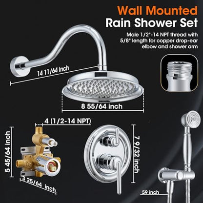 Rainfall Shower System Shower Faucet Set, Luxury, Antique, Polished Chrome | 9 Inch Shower Head and Handheld Spray, Pressure Balance Valve, Wall Mounted, Bathroom, Shower Trim Kit - color: Polished Chrome, style: With Handheld