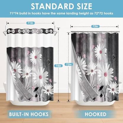 No Hook Shower Curtain with Snap in Liner 71x74 Inch Daisy Grey | Farmhouse Pink Butterfly Modern Double Layers Waterproof Fabric with See Through Top Window Open Grommet Bath Curtain - color: Grey, size: 71"W x 74"L (Pack of 1)