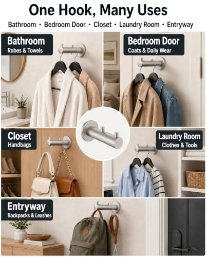 Hooks Heavy Duty Shower Hooks wall Hooks Hooks for Hanging | 304 stainless steel double hooks for bathroom, bedroom, closet, laundry, backpacks, bags and pet leashes - color: Brushed Nickel