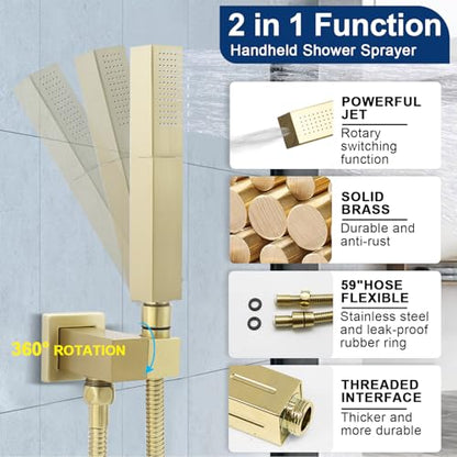 Dual Shower Heads System 16"x32" Ceiling Mount Rainfall and 6" Wall Mounted Shower Heads with 6 body Jets Thermostatic Shower Valve Full Body Shower System,Brushed Gold - color: Brushed Gold