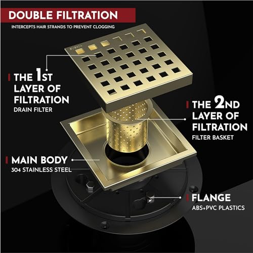 4 Inch Square Shower Floor Drain with Flange,Quadrato Pattern Grate Removable,Food-Grade SUS 304 Stainless Steel,Watermark&CUPC Certified, Brushed Gold - color: Brushed Gold, size: 4 Inch