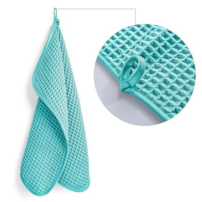 POLYTE 430 GSM Microfiber Lint Free Washcloth Face Towel, 13 x 13 in, 4 Pack (Waffle Weave) - color: Aqua