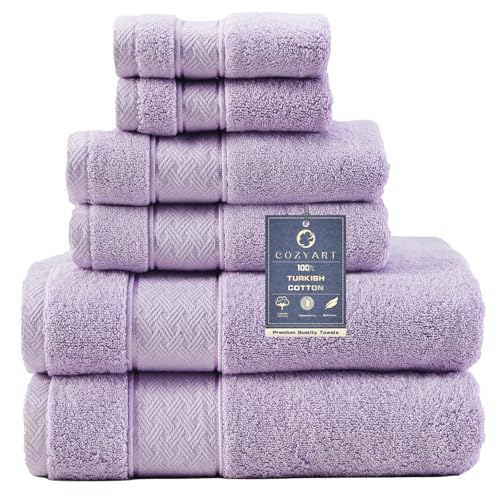 COZYART Bath Towel Set 6 PCS, Luxury Lavender 100% Turkish Cotton 650GSM | Soft Absorbent Quick Dry, OEKO‑Tex 100 Cert. Zero Twist Ring Spun Cotton, Plush Fluffy, Breathable Hotel Quality Towels Set - color: Lavender