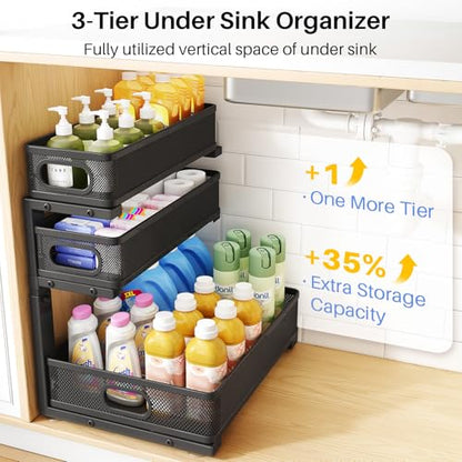 Under Sink Organizer, 3-Tier Thickened Metal Pull out Cabinet Organizer Shelf, Height Adjustable Slide out Storage Drawer Rack for Kitchen Bathroom Pantry Laundry Home Organization, 1-Pack, Black | 35% Extra Storage Capacity, Carbon Steel, Hold Up 55lbs,