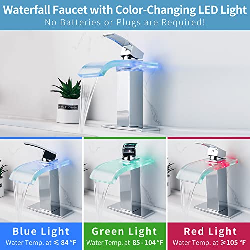 LED Bathroom Faucet, Chrome Waterfall Bathroom Sink Faucet, 1 Hole, 4 Inch Centerset, Color-Changing LED Temperature Control Light - color: Chrome