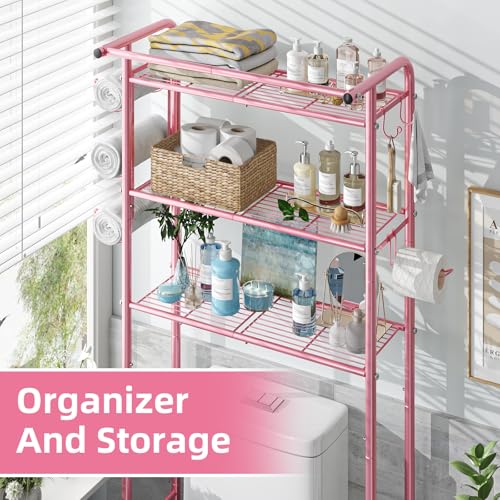 Simple Trending 3 Tier Over The Toilet Rack, Shelf Bathroom, Bathroom Stand Organizer Space Saver, Pink - color: Pink With Towel Rack