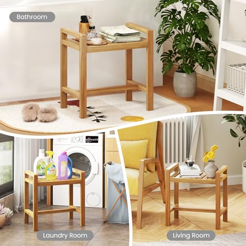 Giantex Teak Wood Shower Bench - 20" Waterproof Shower Stool with Handles and Slatted Seat for Inside Shower, Shaving Legs, Bath Tub Shower Seat, Bathroom Stool for Elderly Seniors