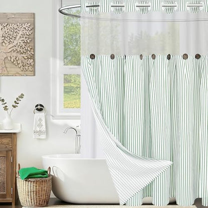 ASPMIZ Farmhouse Striped Shower Curtain and Liner Set No Hook, Green 71x74 | No Hook Shower Curtain with Snap in Liner Fabric, Rustic Washable Waterproof Bathroom Curtains with Button, Mesh Top Window - color: Green Striped, size: 71"W x 74"L (Pack of 1),