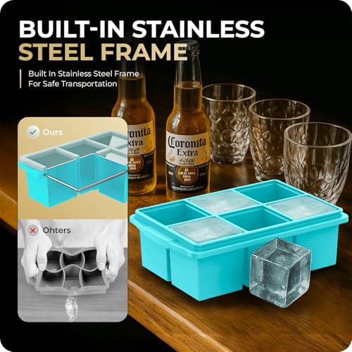 Large Ice Cube Trays for Whiskey, Silicone Ice Cube Tray, with Reinforced Steel Ring Top, Makes 12 perfect 2-in ice cubes, Square Ice Tray for Cocktails, Whiskey, Coffee. (2 Pack) - color: Water blue