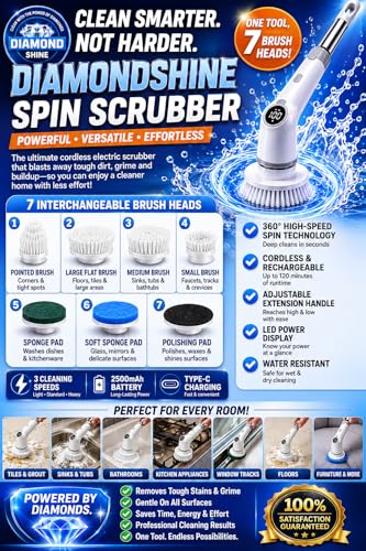 7-in-1 Cordless Spin Scrubber – Rechargeable Electric Power Scrubber with Extendable Handle & 7 Brush Heads for Kitchen, Bathroom, Tile, Grout & Floors