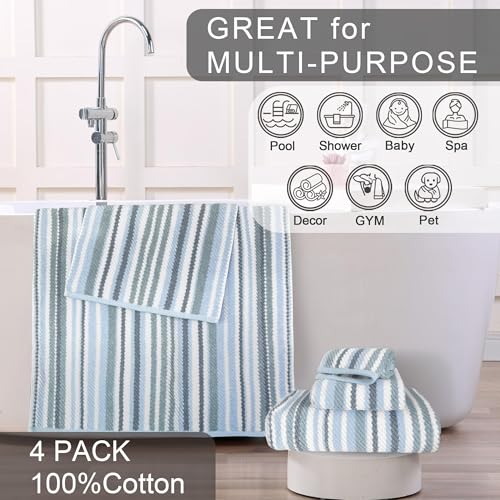 VOOVA & MOVAS Bath Hand Towels 4 Pack, 100% Cotton, 16x27 in, Blue Striped | Excellent Daily Use & Holiday Gift Choice, Quick Dry, Highly Absorbent, Soft, Lightweight, Luxury Gift Set - color: Gray + Blue Striped, size: 4 PC Hand Towels (16"x27")