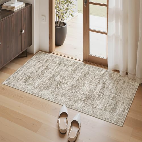 Soalmost 2x4 Washable Rugs for Kitchen, Entryway, Small Area Rug Brown | Non-Slip Vintage Low Pile Throw Door Mat For Bathroom Entry Laundry Powder Room, Stain Resistant Indoor Entrance Floor Carpet - color: Brown, size: 2' x 4' (Rectangular)