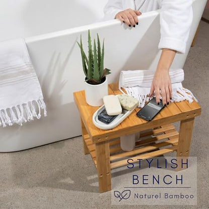 Shower Bench – Waterproof Wooden Spa Seat with Storage Shelf for Bathroom, Sauna & Entryway – Eco-Friendly Bath Stool Available in 3 Sizes - size: 16"