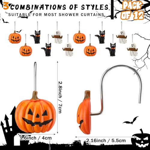 Colingmill 12 Pcs Halloween Cat Ghost Pumpkin Shower Curtain Hooks Xmas Shower Curtain Hooks Halloween Bathroom Decor Rings for Bathroom Bedroom - style: Cat Ghost Pumpkin